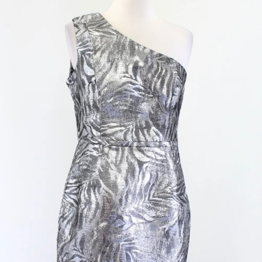 NWT $159 Calvin Klein Silver One Shoulder Metallic Jacquard Dress Cocktail Sz 6